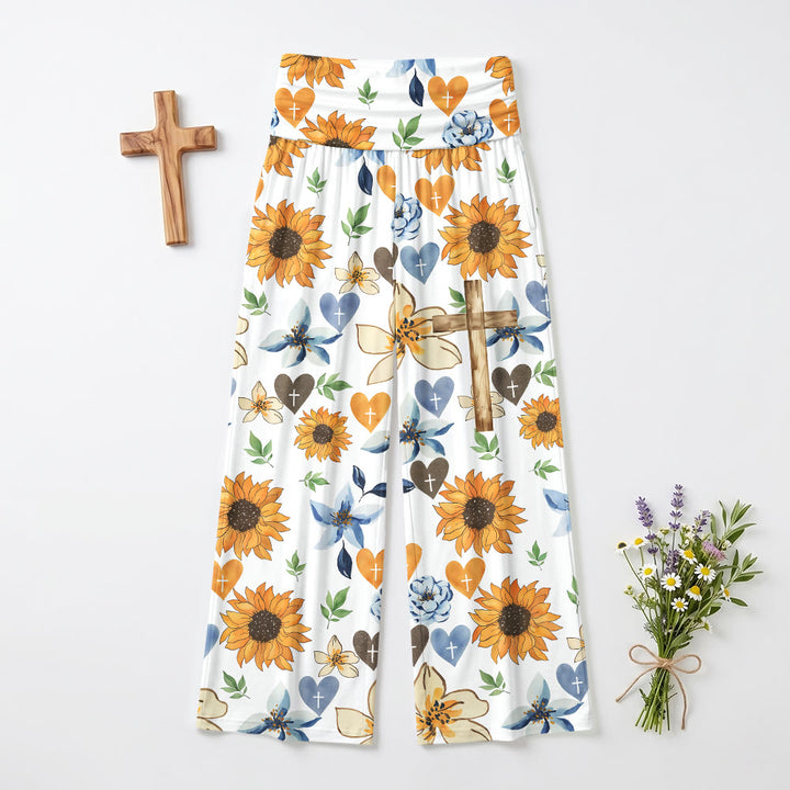 Christianartworkshop Pantaloni a vita alta elasticizzati a gamba larga con stampa floreale di girasoli, cuori e croce. - image 2