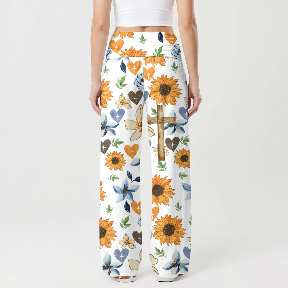 Christianartworkshop Pantaloni a vita alta elasticizzati a gamba larga con stampa integrale di girasoli, fiori, cuori e croci - image 1