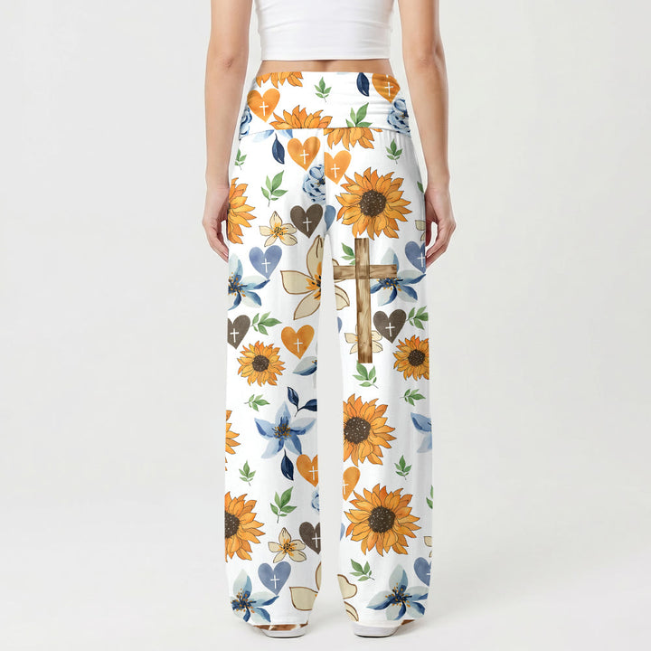 Christianartworkshop Pantaloni a vita alta elasticizzati a gamba larga con stampa integrale di girasoli, fiori, cuori e croci - image 1