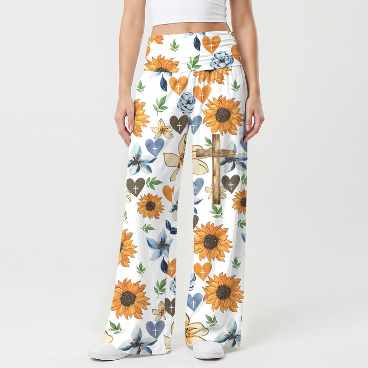 Christianartworkshop Pantaloni a vita alta elasticizzati a gamba larga con stampa integrale di girasoli, fiori, cuori e croci - US22,UK/AU26,EU54 (6XL) - image 0