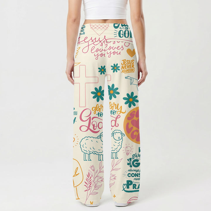 Christianartworkshop Pantaloni a gamba larga con stampa integrale di lettere Faith, croce, elemento floreale e risvolto, vita alta, risvolto. - image 1