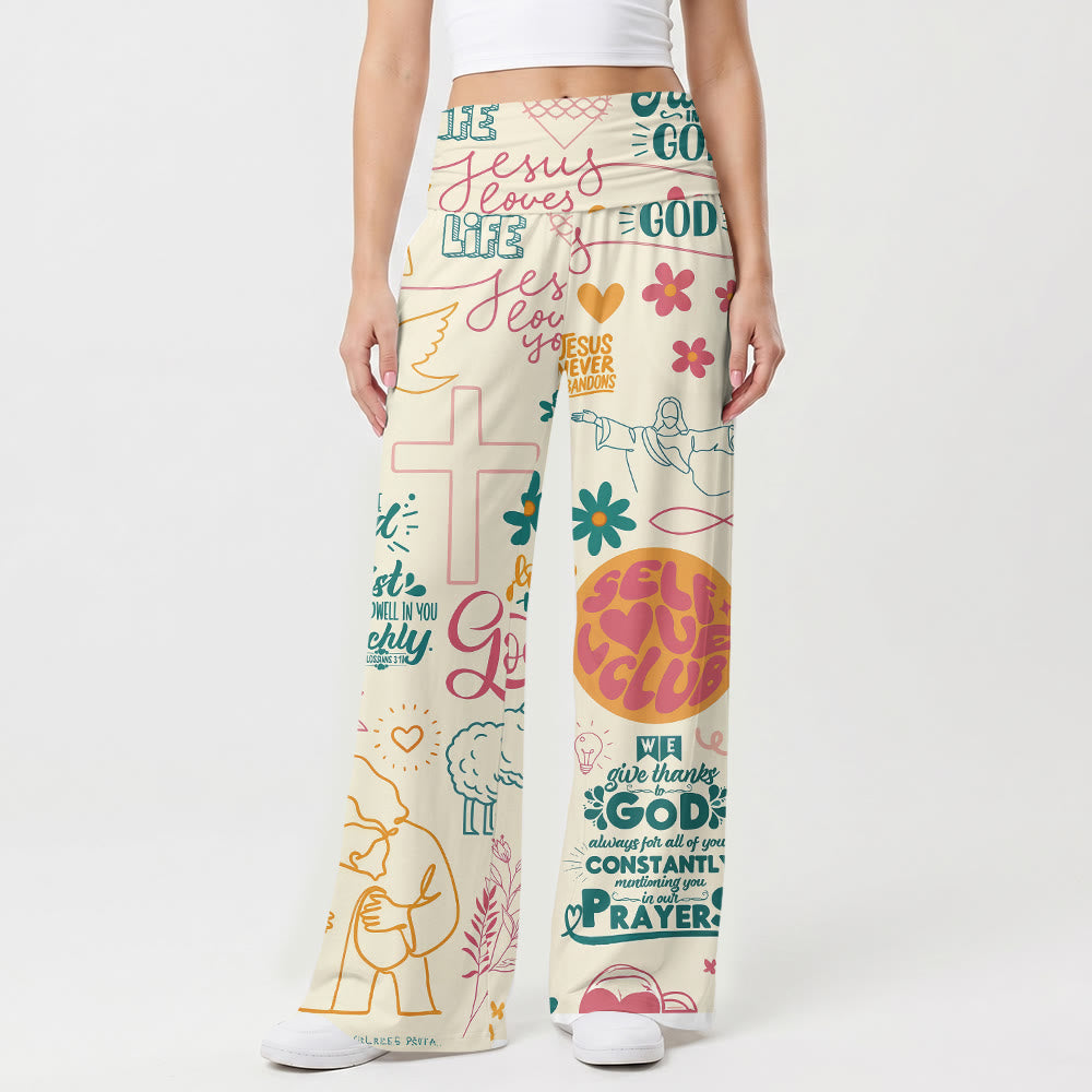 Christianartworkshop Fede Scritta Croce Elemento Floreale Stampa All Over Pantaloni a Vita Alta Gamba Ampia con Ripiega - US22,UK/AU26,EU54 (6XL) - image 0