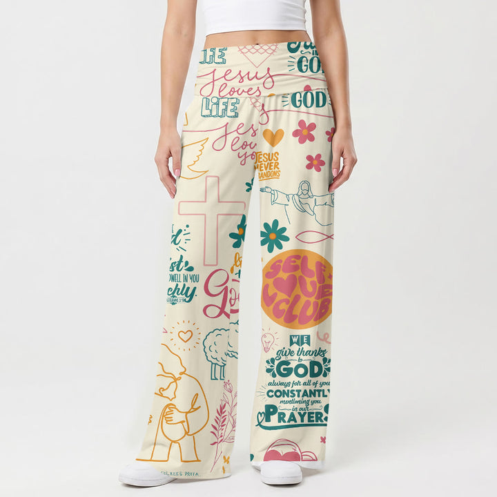 Christianartworkshop Fede Scritta Croce Elemento Floreale Stampa All Over Pantaloni a Vita Alta Gamba Ampia con Ripiega - US22,UK/AU26,EU54 (6XL) - image 0