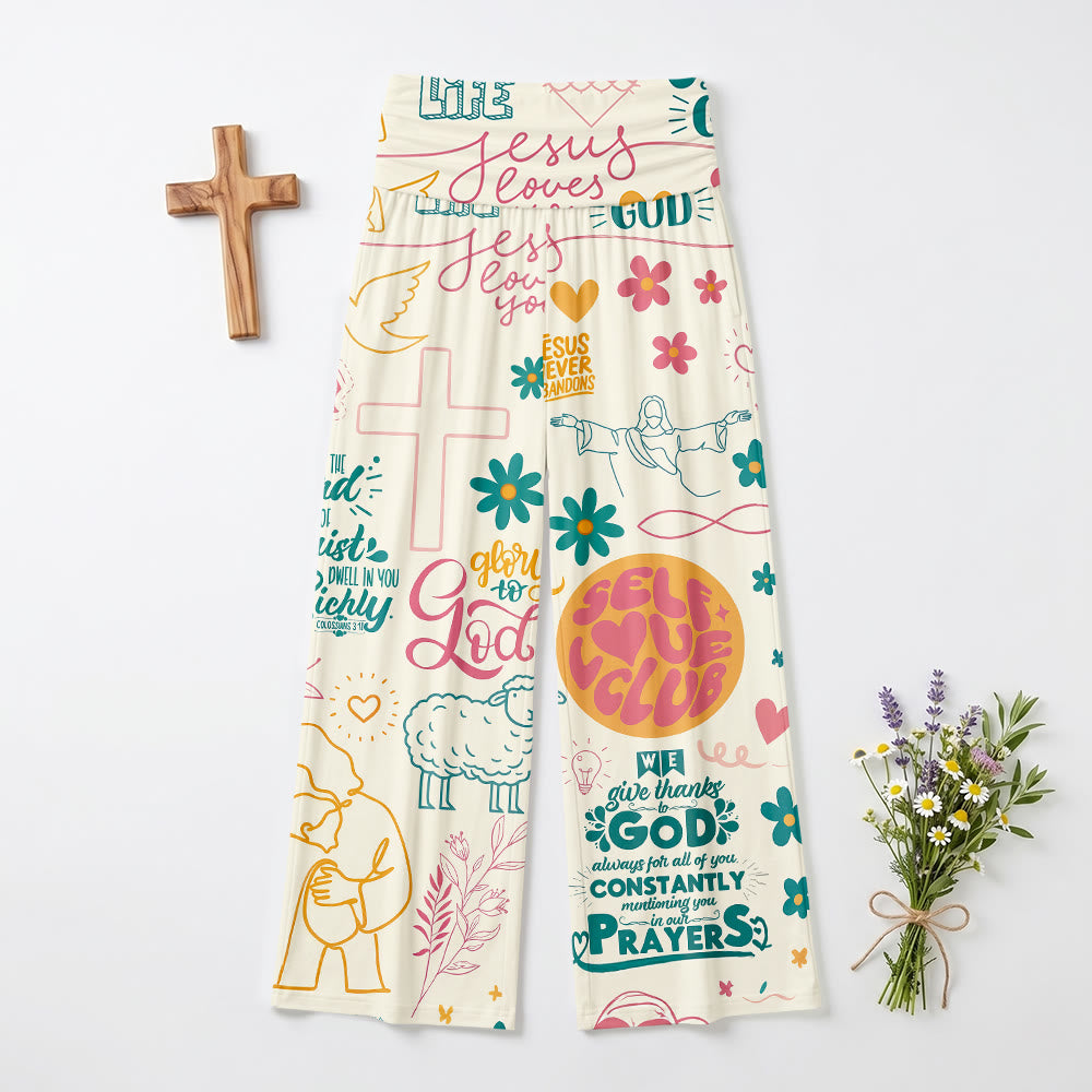 Christianartworkshop Fede Scritta Croce Elemento Floreale Stampa All Over Pantaloni a Vita Alta Gamba Ampia con Ripiega - image 2
