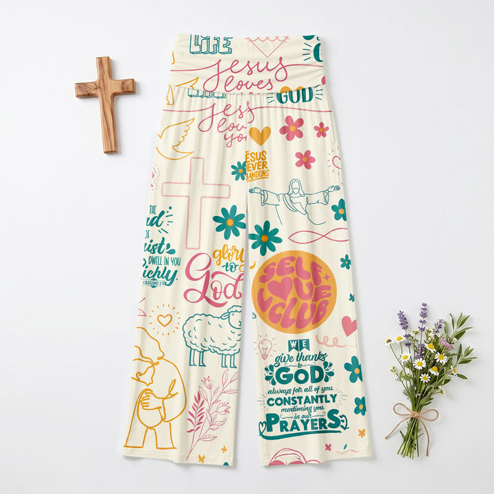 Christianartworkshop Fede Scritta Croce Elemento Floreale Stampa All Over Pantaloni a Vita Alta Gamba Ampia con Ripiega - image 2