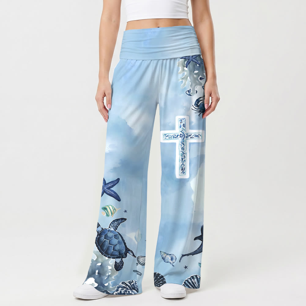Christianartworkshop Pantaloni a vita alta e gamba larga con stampa a croce blu e bianca a tema vita marina oceanica - US22,UK/AU26,EU54 - image 0