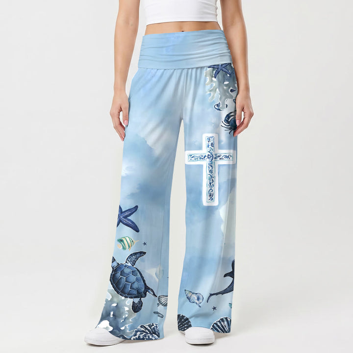 Christianartworkshop Pantaloni a vita alta e gamba larga con stampa a croce blu e bianca a tema vita marina oceanica - US22,UK/AU26,EU54 - image 0