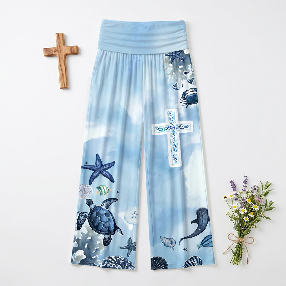 Christianartworkshop Ocean Marine Life Blue And White Pattern Cross Print All Over Print Pantaloni a vita alta e gamba larga - image 2