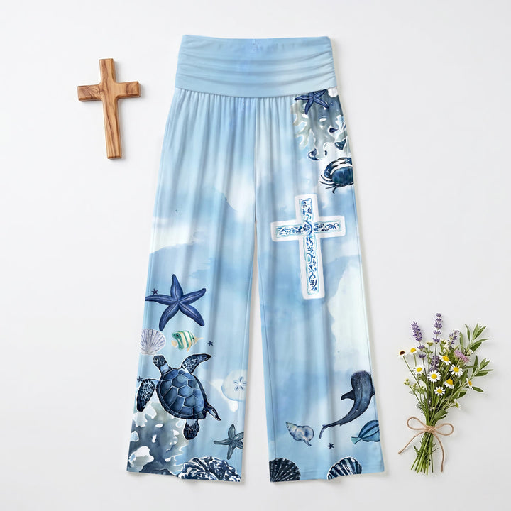 Christianartworkshop Ocean Marine Life Blue And White Pattern Cross Print All Over Print Pantaloni a vita alta e gamba larga - image 2