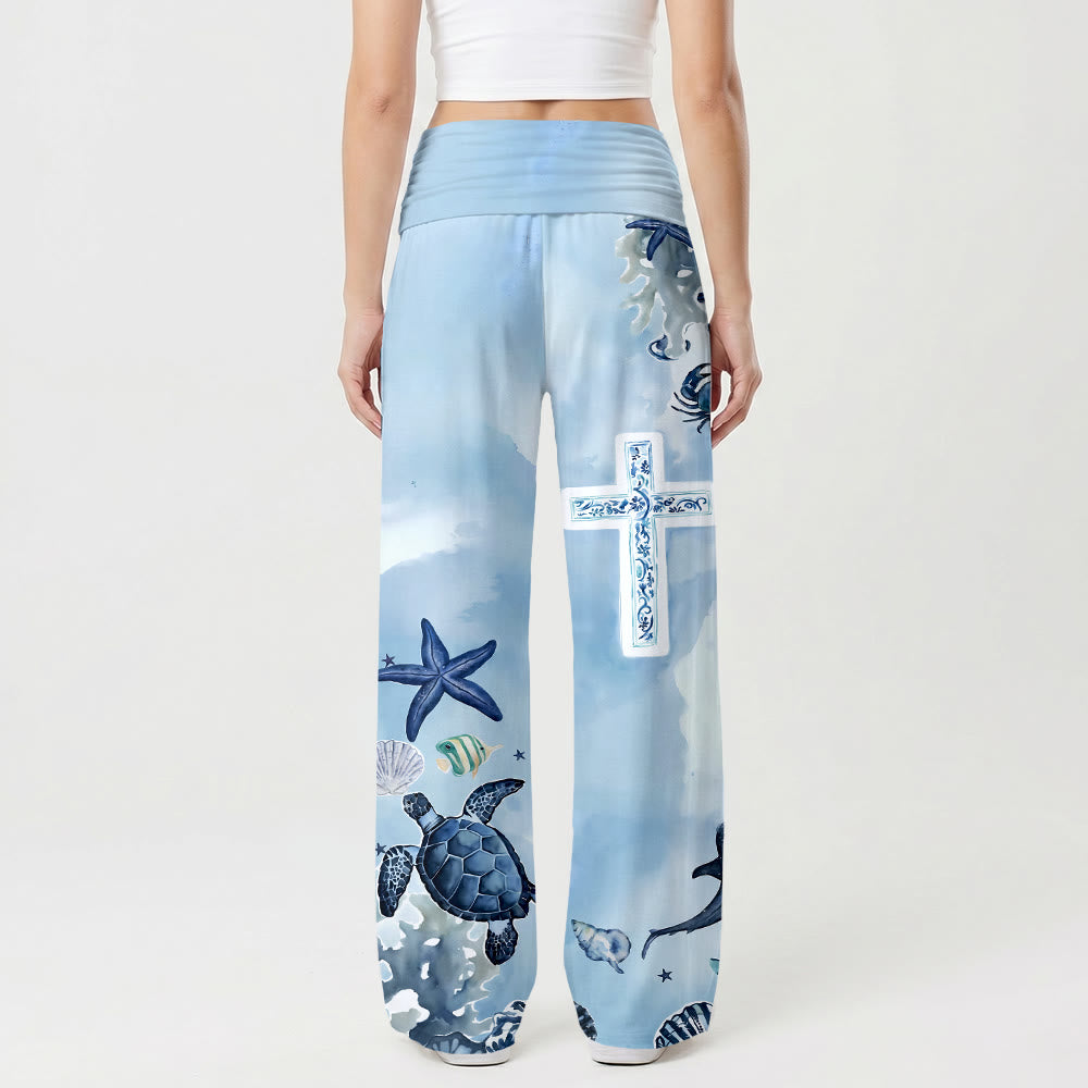 Christianartworkshop Pantaloni a vita alta e gamba larga con stampa a croce blu e bianca a tema vita marina oceanica - image 1