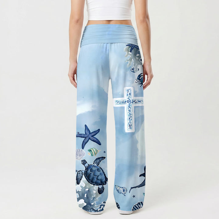 Christianartworkshop Pantaloni a vita alta e gamba larga con stampa a croce blu e bianca a tema vita marina oceanica - image 1