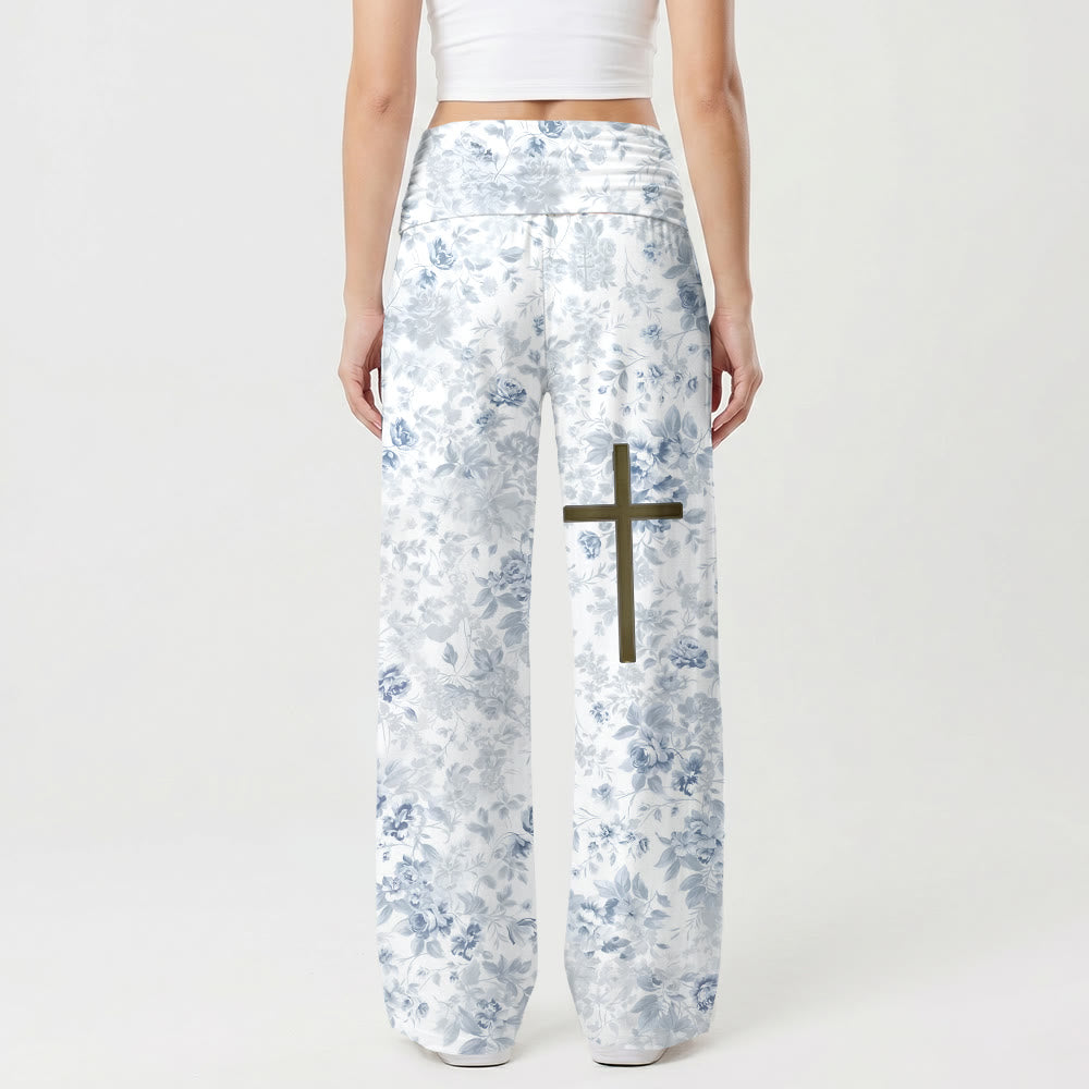 Christianartworkshop Pantaloni da donna a gamba larga con stampa floreale delicata, incrocio sul davanti e risvolto in vita, con accento sulla coscia. - image 1