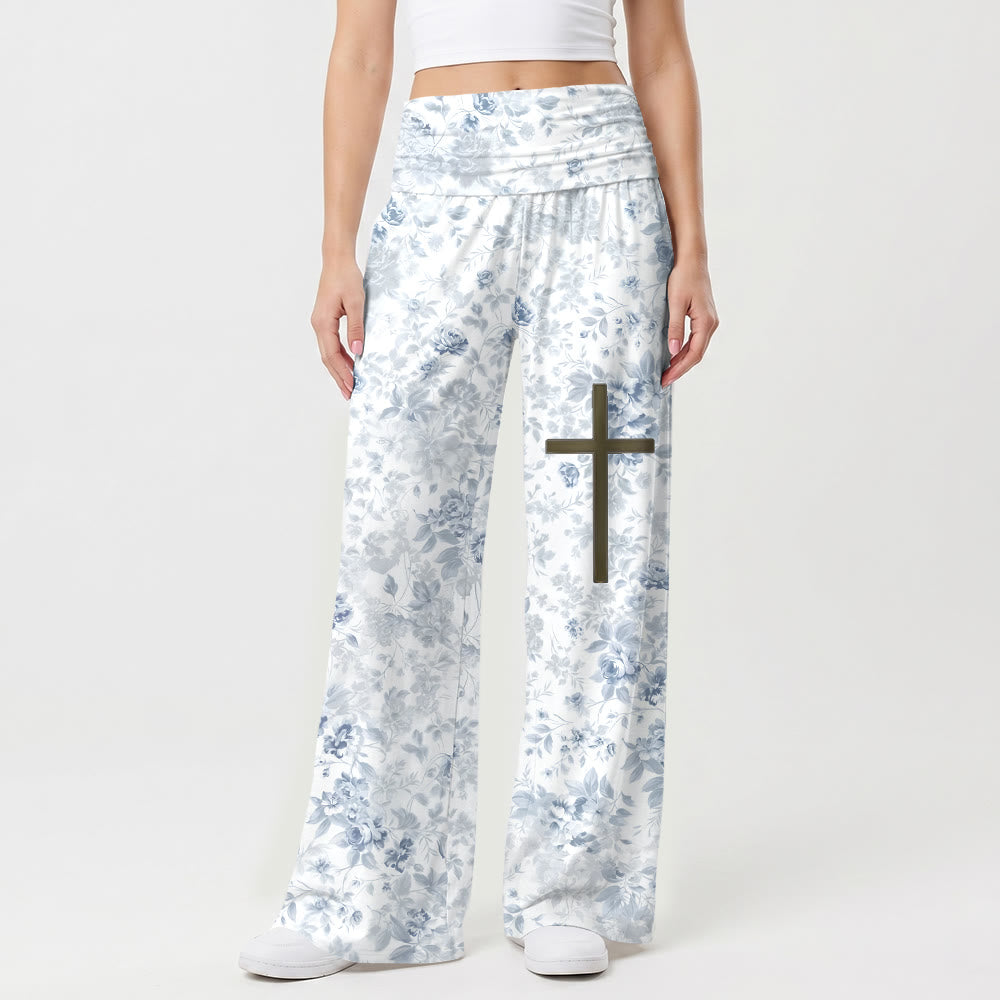 Christianartworkshop Delicato fiore con stampa a foglie, tinta unita, incrociato sul davanti, con risvolto in vita, pantaloni da donna a gamba larga con stampa integrale a foglie, incrociato sulla coscia, con accento sulla coscia, ripiegato sul davanti. - US22,UK/AU26,EU54 (6XL) - image 0