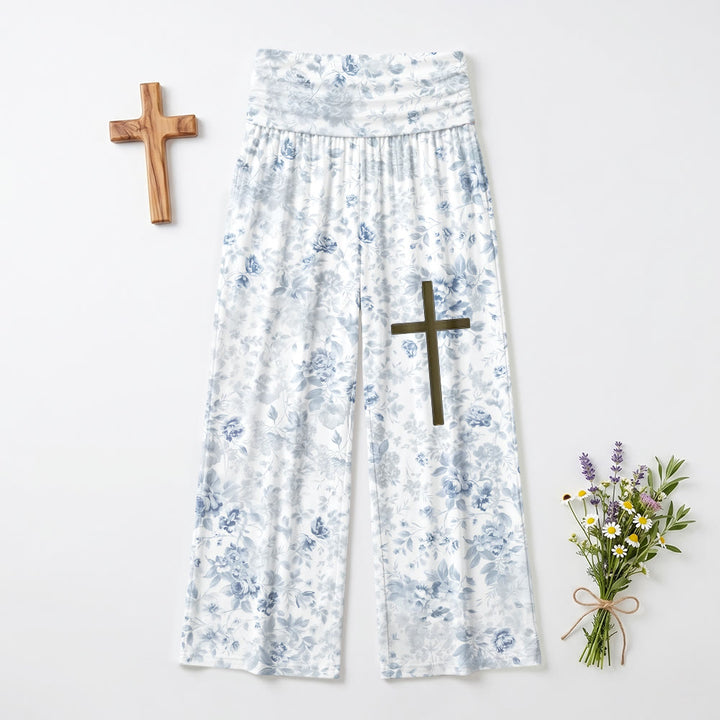 Christianartworkshop Delicato fiore con stampa a foglie, tinta unita, incrociato sul davanti, con risvolto in vita, pantaloni da donna a gamba larga con stampa integrale a foglie, incrociato sulla coscia, con accento sulla coscia, ripiegato sul davanti. - image 2