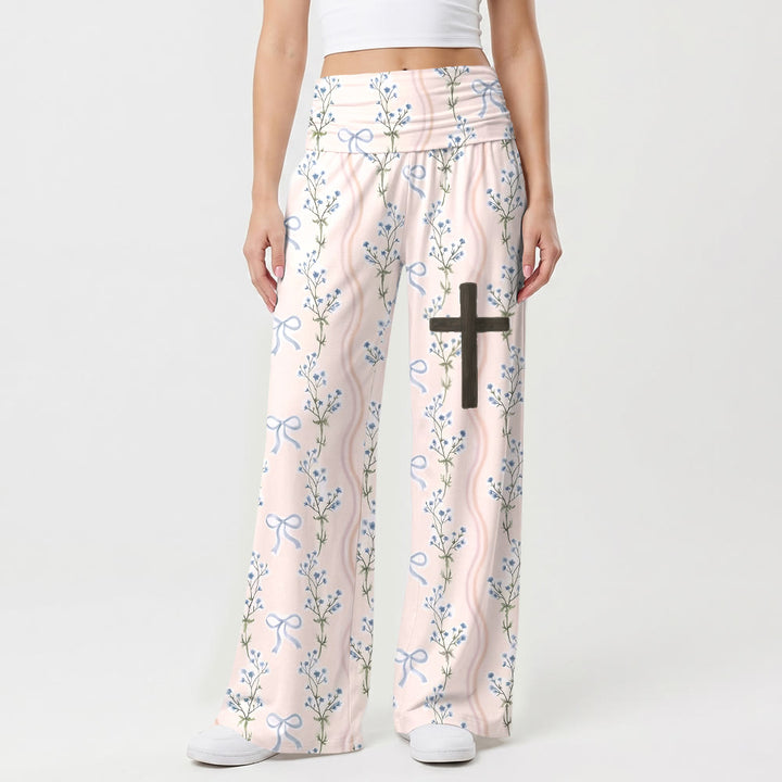 Christianartworkshop Pantaloni a gamba larga con stampa integrale di fiocchi floreali verticali e croce di legno sulla coscia, vita alta e risvolti. - US22,UK/AU26,EU54 - image 0