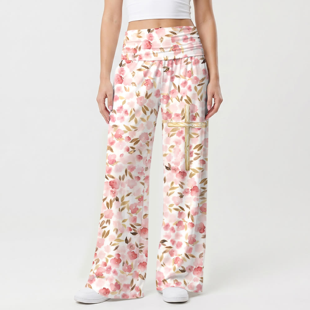 Christianartworkshop Pantaloni a vita alta e gamba larga con stampa floreale acquerello rosa cipria e linea dorata incrociata sulla coscia. - US22,UK/AU26,EU54 - image 0