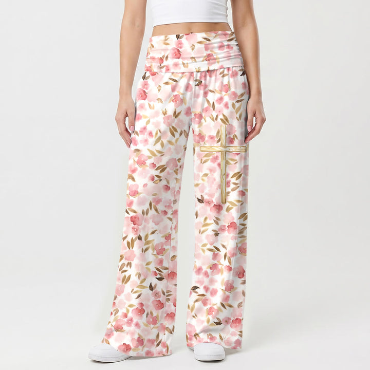 Christianartworkshop Pantaloni a vita alta e gamba larga con stampa floreale acquerello rosa cipria e linea dorata incrociata sulla coscia. - US22,UK/AU26,EU54 - image 0