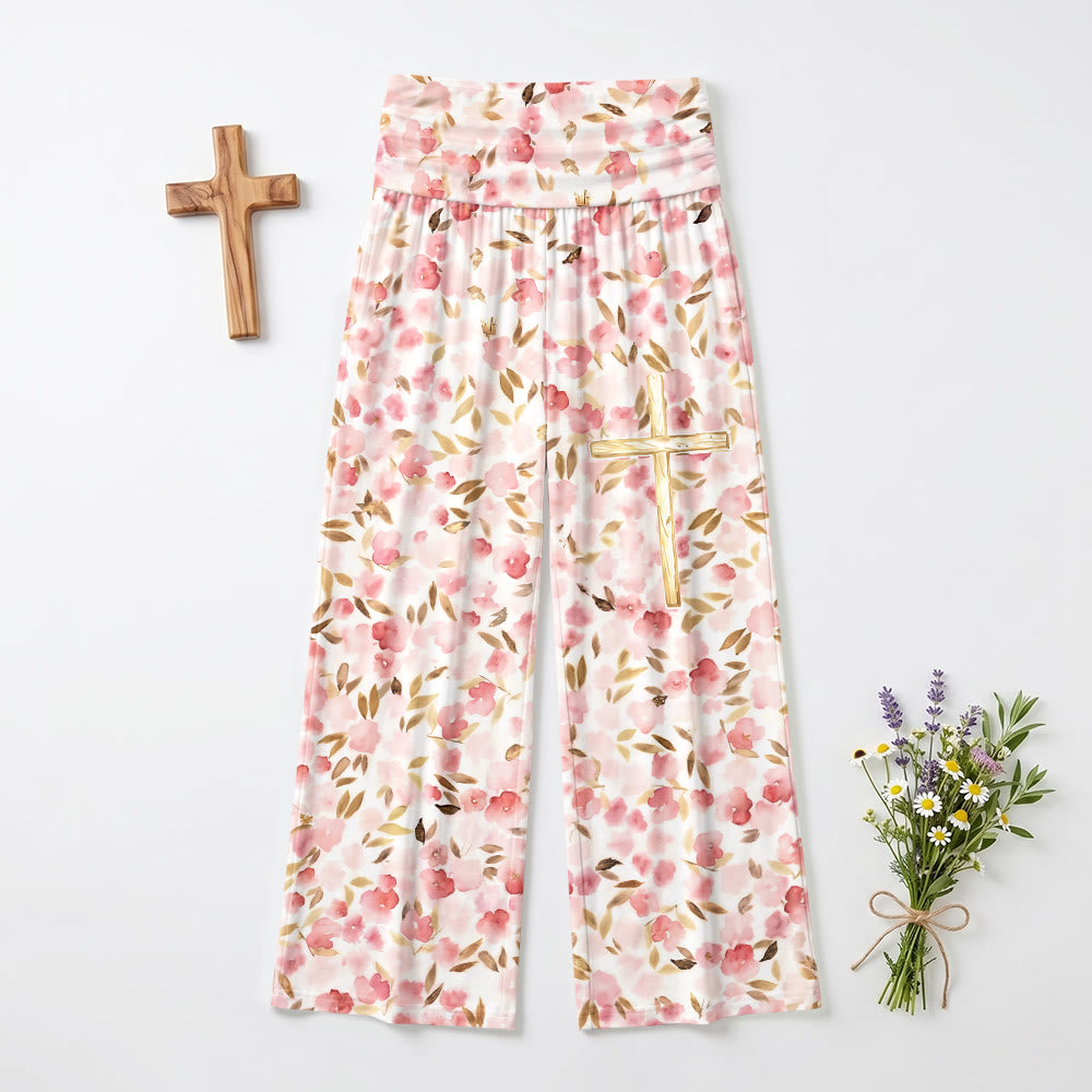 Christianartworkshop Pantaloni a vita alta e gamba larga con stampa floreale acquerello rosa cipria e linea dorata incrociata sulla coscia. - image 2
