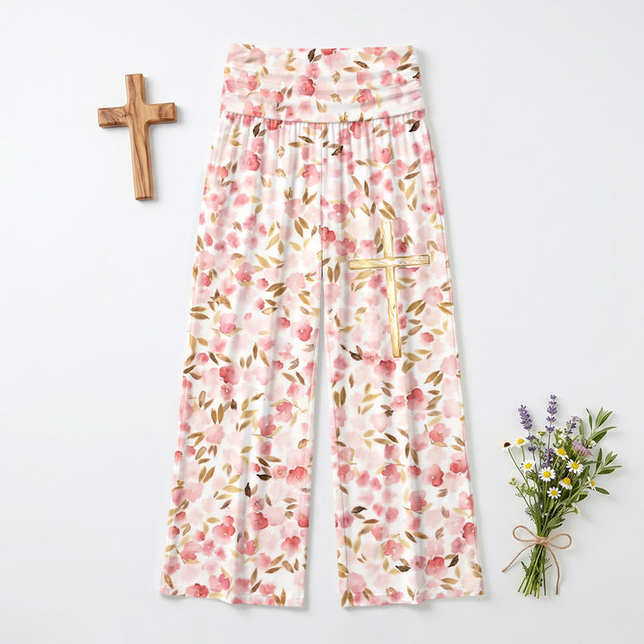 Christianartworkshop Pantaloni a vita alta e gamba larga con stampa floreale acquerello rosa cipria e linea dorata incrociata sulla coscia. - image 2