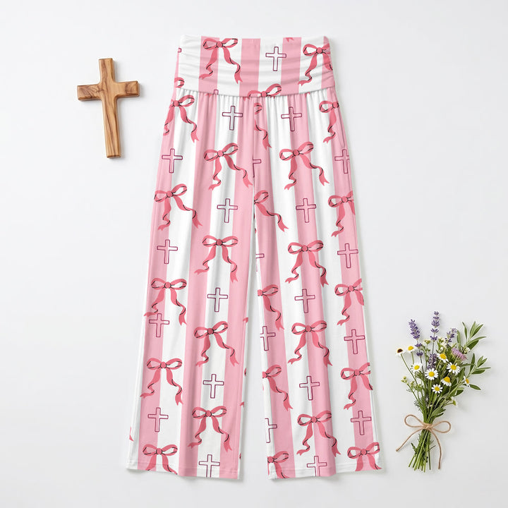 Christianartworkshop Pantaloni a gamba larga a vita alta con stampa a croce e contorno a righe verticali e fiocco, ripiegabili, con risvolto. - image 2