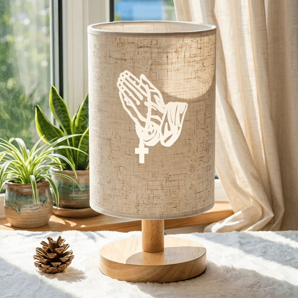 Christianartworkshop Lampada da tavolo con base in legno naturale e paralume in tessuto, motivo mani in preghiera con croce: un'oasi di pace e devozione notturna. - image 3