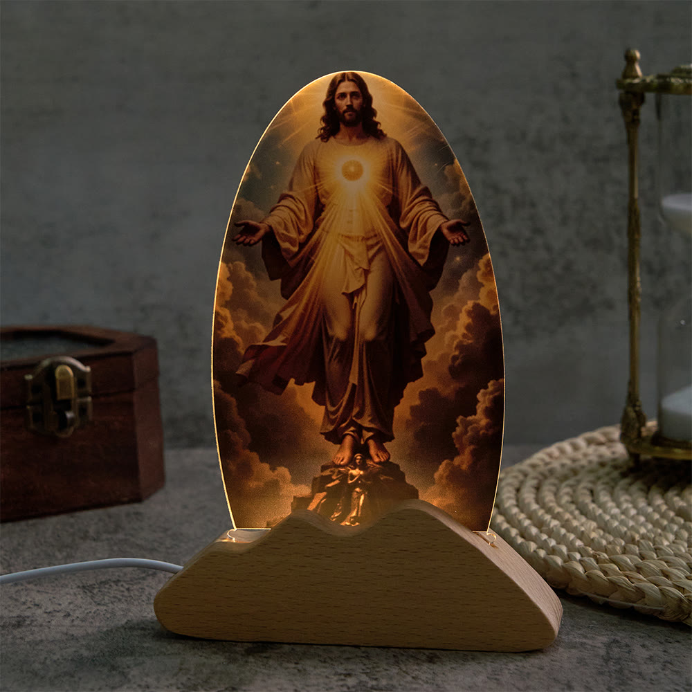 Christianartworkshop Lampada da tavolo con motivo di splendore divino, cielo nuvoloso, stampa sacra, luce notturna rilassante per il riposo. - image 4