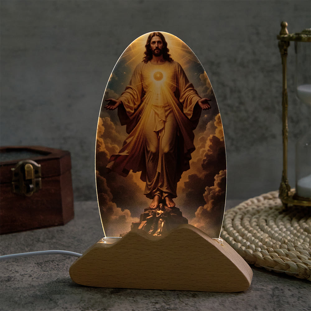 Christianartworkshop Lampada da tavolo con motivo di splendore divino, cielo nuvoloso, stampa sacra, luce notturna rilassante per il riposo. - image 2