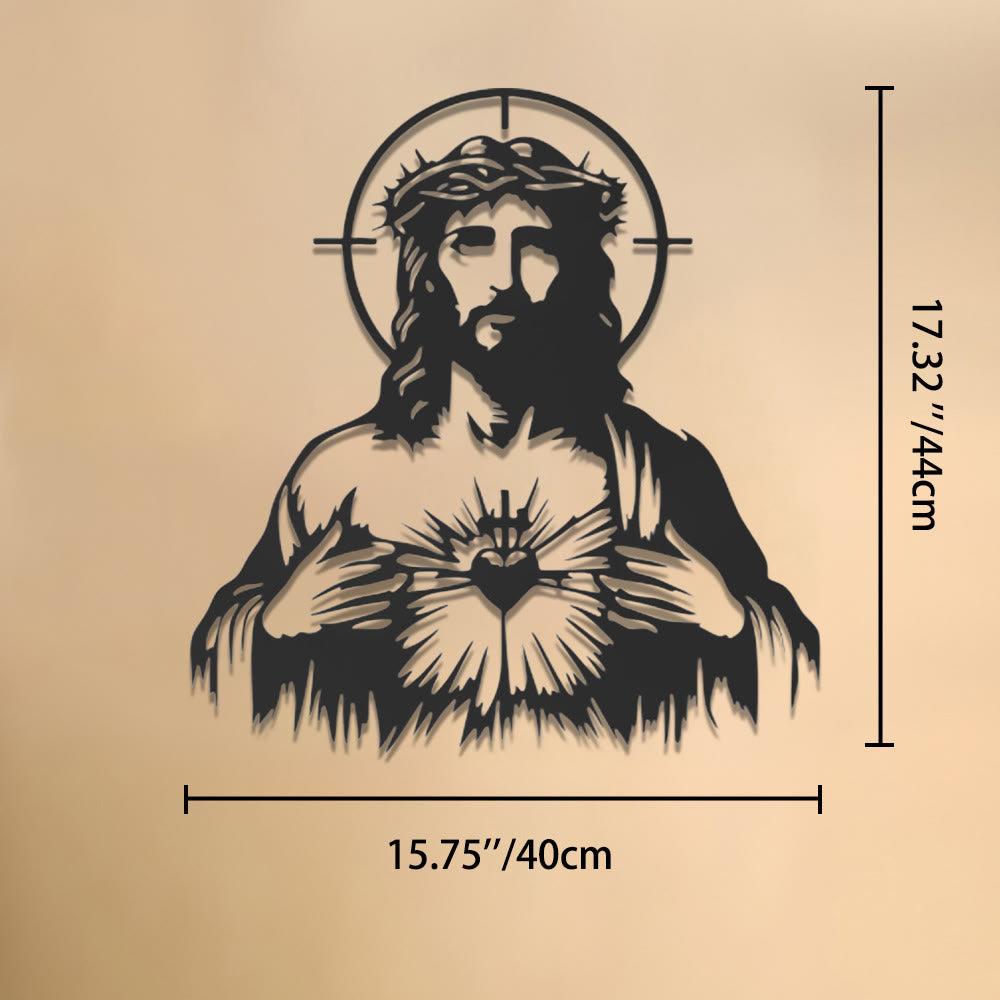 Christianartworkshop Decorazione murale in metallo con sagoma di Gesù Sacro Cuore, corona di spine e aureola: emblema senza tempo di sconfinata compassione divina. - 15,75''*17,32''*0,04''/40cm*44cm*0,1cm - image 7