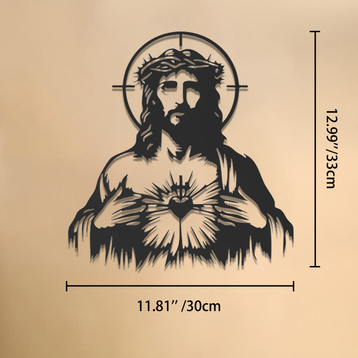 Christianartworkshop Decorazione murale in metallo con sagoma di Gesù Sacro Cuore, corona di spine e aureola: emblema senza tempo di sconfinata compassione divina. - 11,81''*12,99''*0,04''/30cm*33cm*0,1cm - image 6
