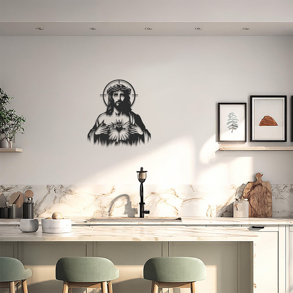 Christianartworkshop Decorazione murale in metallo con sagoma di Gesù Sacro Cuore, corona di spine e aureola: emblema senza tempo di sconfinata compassione divina. - image 0