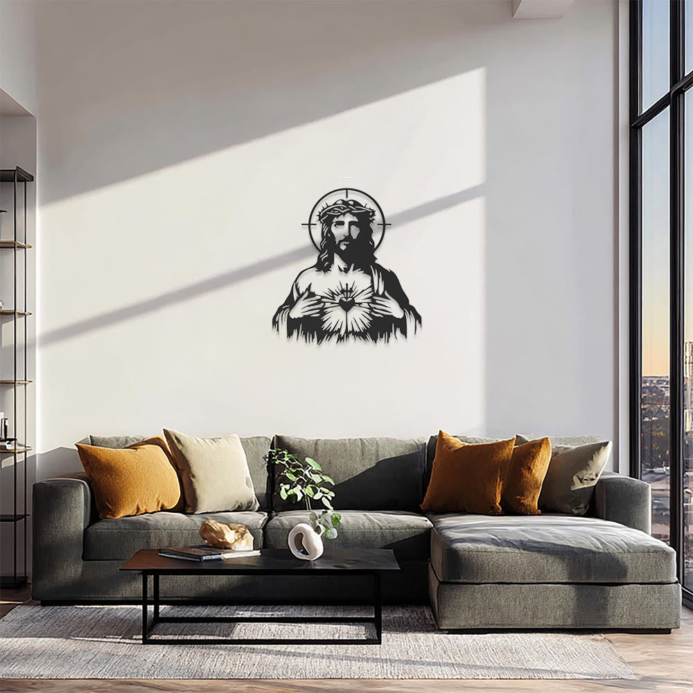 Christianartworkshop Decorazione murale in metallo con sagoma di Gesù Sacro Cuore, corona di spine e aureola: emblema senza tempo di sconfinata compassione divina. - image 4