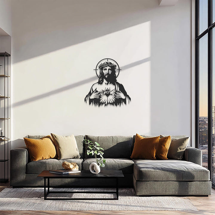 Christianartworkshop Decorazione murale in metallo con sagoma di Gesù Sacro Cuore, corona di spine e aureola: emblema senza tempo di sconfinata compassione divina. - image 4