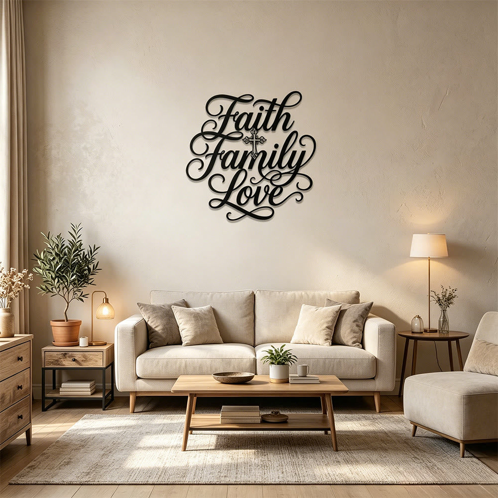 Christianartworkshop Decorazione murale in metallo con croce e scritta "Fede, Famiglia, Amore": emblema senza tempo di sacra benedizione domestica. - image 1