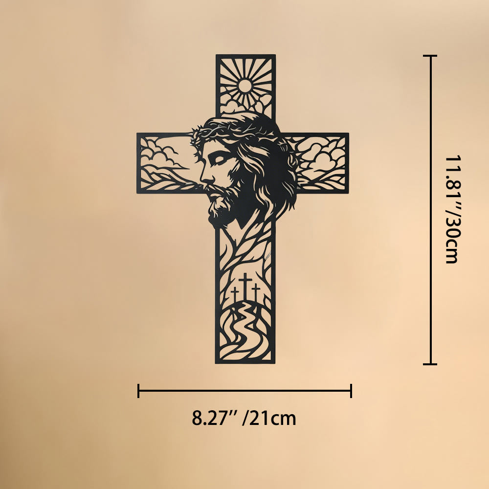 Christianartworkshop Decorazione murale in metallo con croce raffigurante il profilo di Gesù e il paesaggio di sole e colline: emblema senza tempo di grazia celeste e speranza eterna. - 8,26''*11,81''*0,04''/21cm*30cm*0,1cm - image 6
