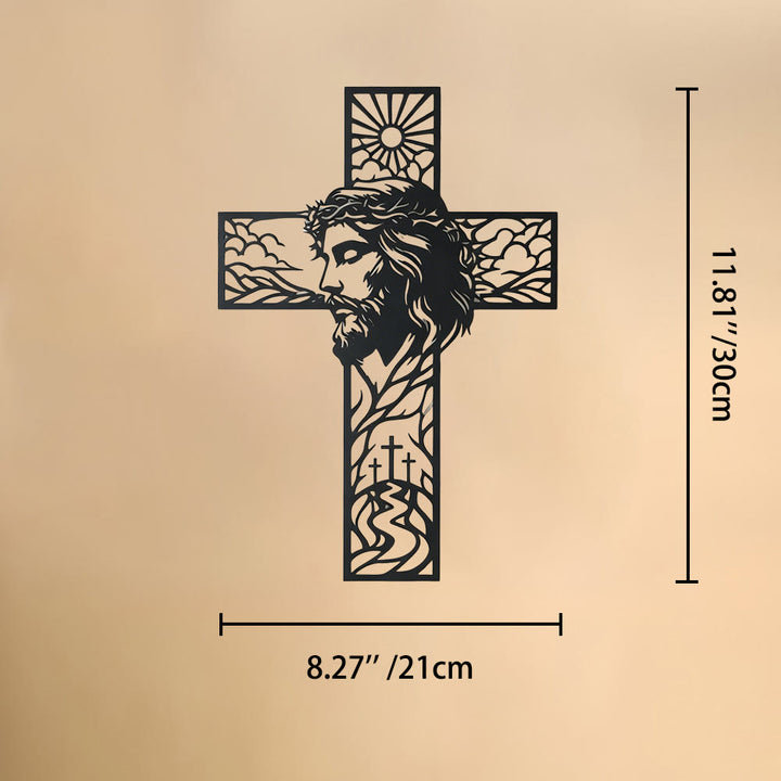 Christianartworkshop Decorazione murale in metallo con croce raffigurante il profilo di Gesù e il paesaggio di sole e colline: emblema senza tempo di grazia celeste e speranza eterna. - 8,26''*11,81''*0,04''/21cm*30cm*0,1cm - image 6