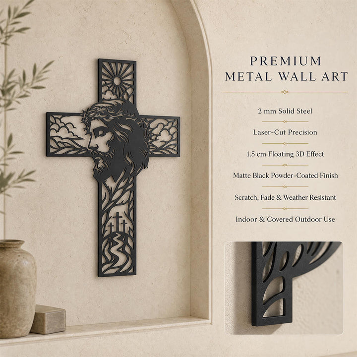 Christianartworkshop Decorazione murale in metallo con croce raffigurante il profilo di Gesù e il paesaggio di sole e colline: emblema senza tempo di grazia celeste e speranza eterna. - image 1