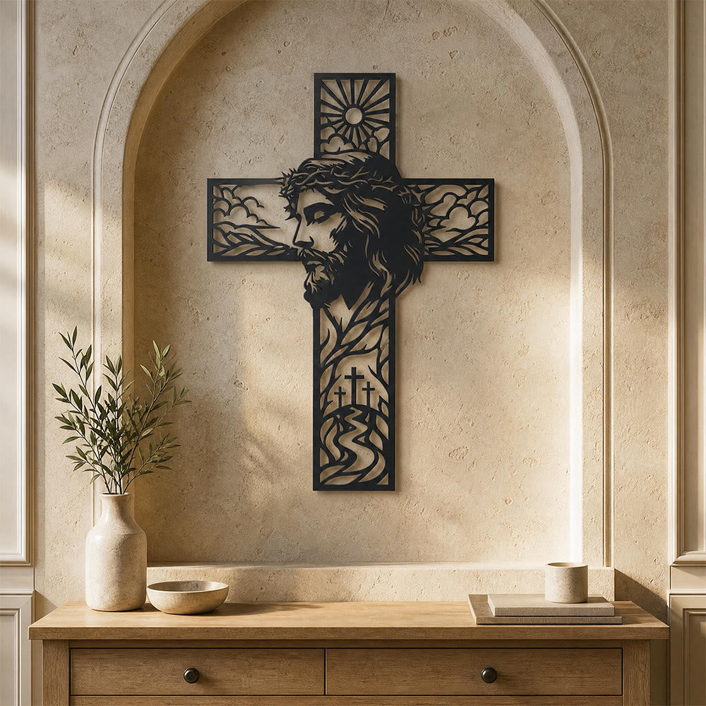 Christianartworkshop Decorazione murale in metallo con croce raffigurante il profilo di Gesù e il paesaggio di sole e colline: emblema senza tempo di grazia celeste e speranza eterna. - image 0