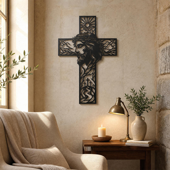 Christianartworkshop Decorazione murale in metallo con croce raffigurante il profilo di Gesù e il paesaggio di sole e colline: emblema senza tempo di grazia celeste e speranza eterna. - image 4