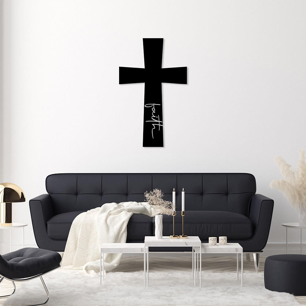 Christianartworkshop Decorazione murale in metallo minimalista con croce solida e scritta verticale "Faith" in corsivo: emblema senza tempo di incrollabile convinzione spirituale. - image 1