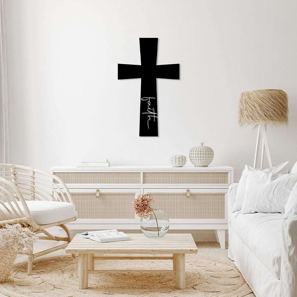 Christianartworkshop Decorazione murale in metallo minimalista con croce solida e scritta verticale "Faith" in corsivo: emblema senza tempo di incrollabile convinzione spirituale. - image 0