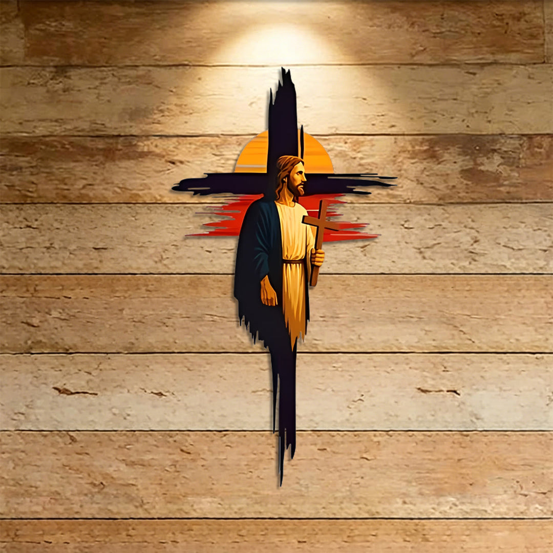 Christianartworkshop Decorazione murale in metallo con croce a pennellate raffigurante Gesù al tramonto e paesaggio: emblema senza tempo della sacra grazia redentrice. - image 3