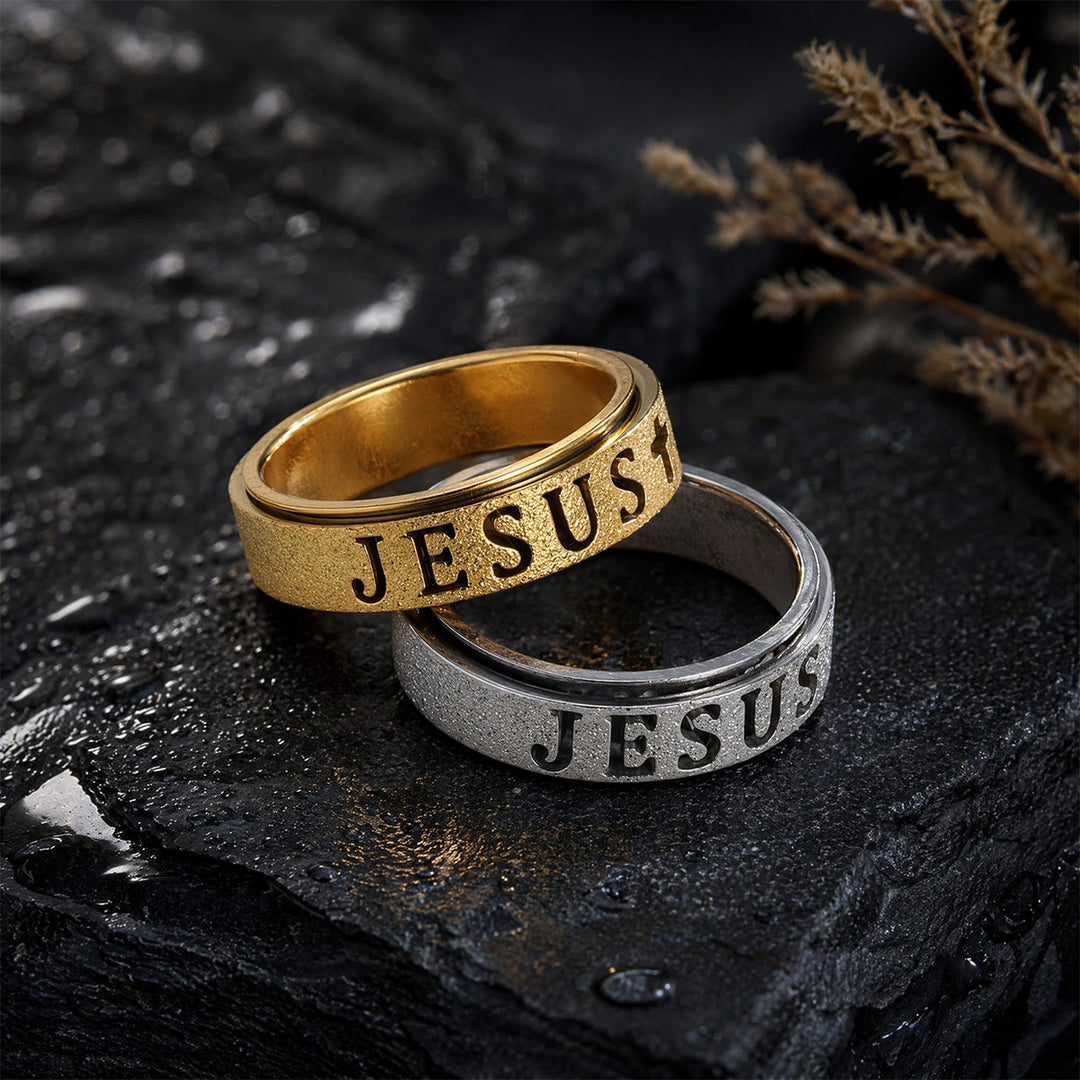 Christianartworkshop Anello girevole antistress con croce e scritta "JESUS" incisa: emblema senza tempo di una fede sacra incrollabile. - image 0
