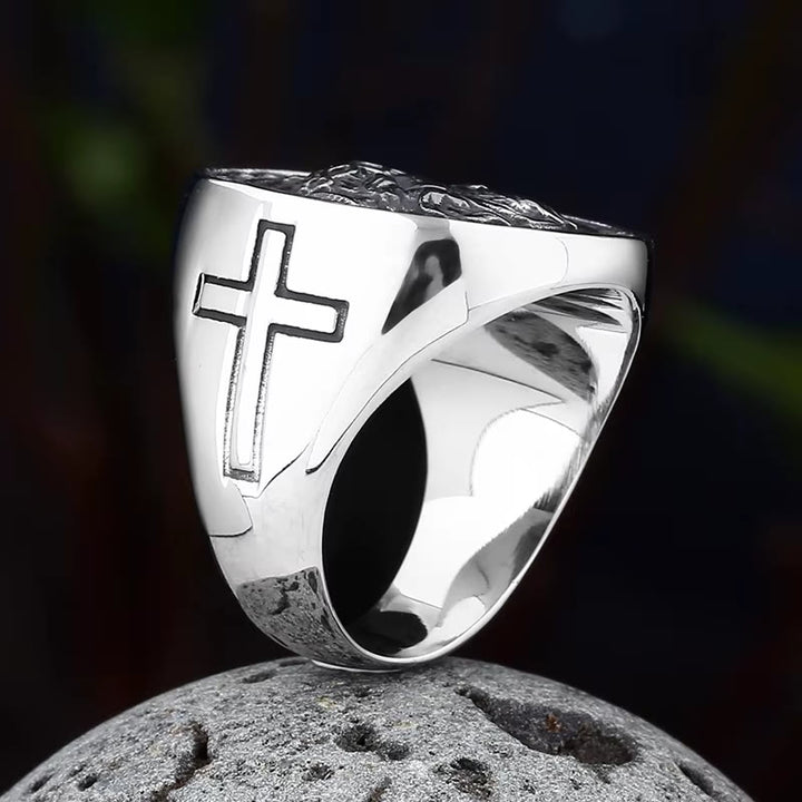 Christianartworkshop Anello con sigillo a placca rotonda, corona di spine e bordo a pergamena di Gesù: emblema senza tempo di una fede sacra incrollabile. - image 8