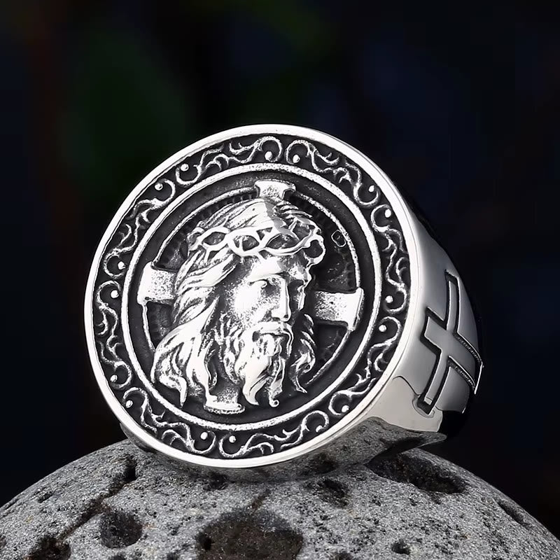 Christianartworkshop Anello con sigillo a placca rotonda, corona di spine e bordo a pergamena di Gesù: emblema senza tempo di una fede sacra incrollabile. - Argento - US 13 - image 0