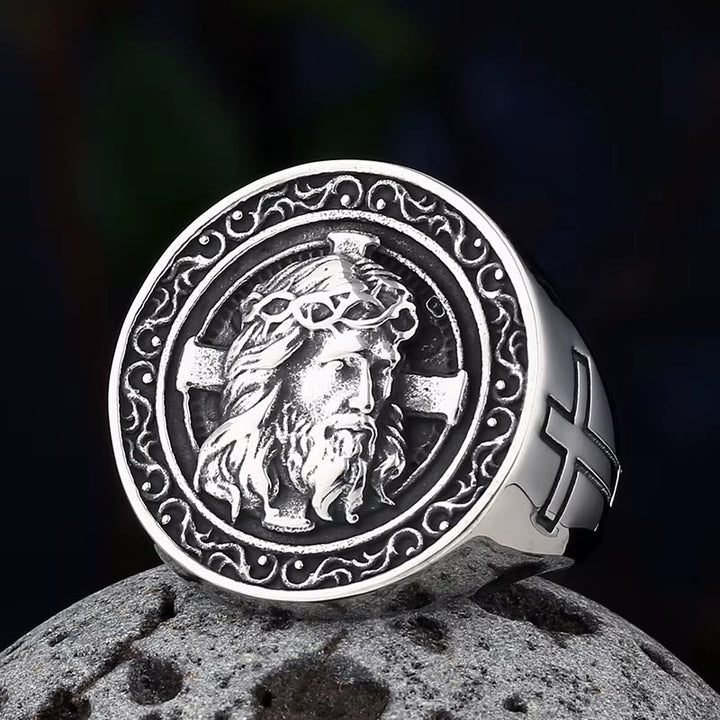 Christianartworkshop Anello con sigillo a placca rotonda, corona di spine e bordo a pergamena di Gesù: emblema senza tempo di una fede sacra incrollabile. - Argento - US 13 - image 0