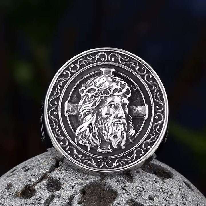 Christianartworkshop Anello con sigillo a placca rotonda, corona di spine e bordo a pergamena di Gesù: emblema senza tempo di una fede sacra incrollabile. - image 2
