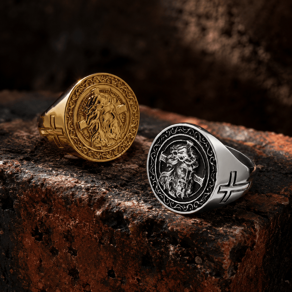 Christianartworkshop Anello con sigillo a placca rotonda, corona di spine e bordo a pergamena di Gesù: emblema senza tempo di una fede sacra incrollabile. - image 1
