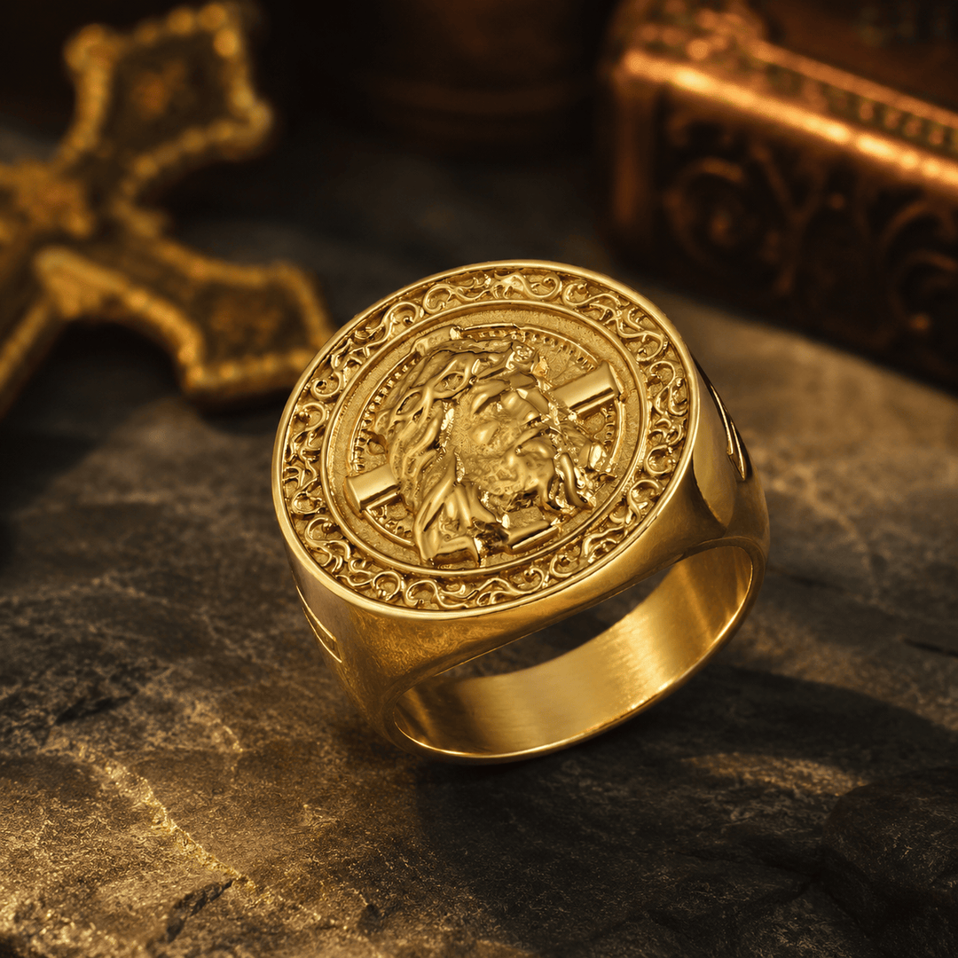 Christianartworkshop Anello con sigillo a placca rotonda, corona di spine e bordo a pergamena di Gesù: emblema senza tempo di una fede sacra incrollabile. - image 10