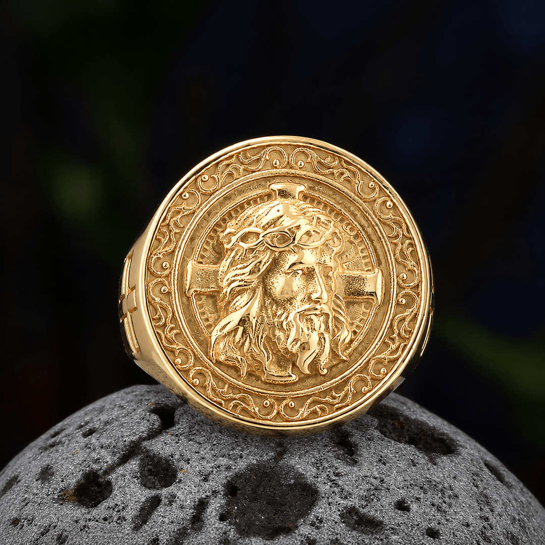 Christianartworkshop Anello con sigillo a placca rotonda, corona di spine e bordo a pergamena di Gesù: emblema senza tempo di una fede sacra incrollabile. - D'oro - US 13 - image 9
