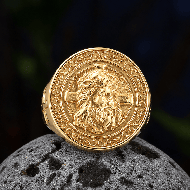 Christianartworkshop Anello con sigillo a placca rotonda, corona di spine e bordo a pergamena di Gesù: emblema senza tempo di una fede sacra incrollabile. - D'oro - US 13 - image 9